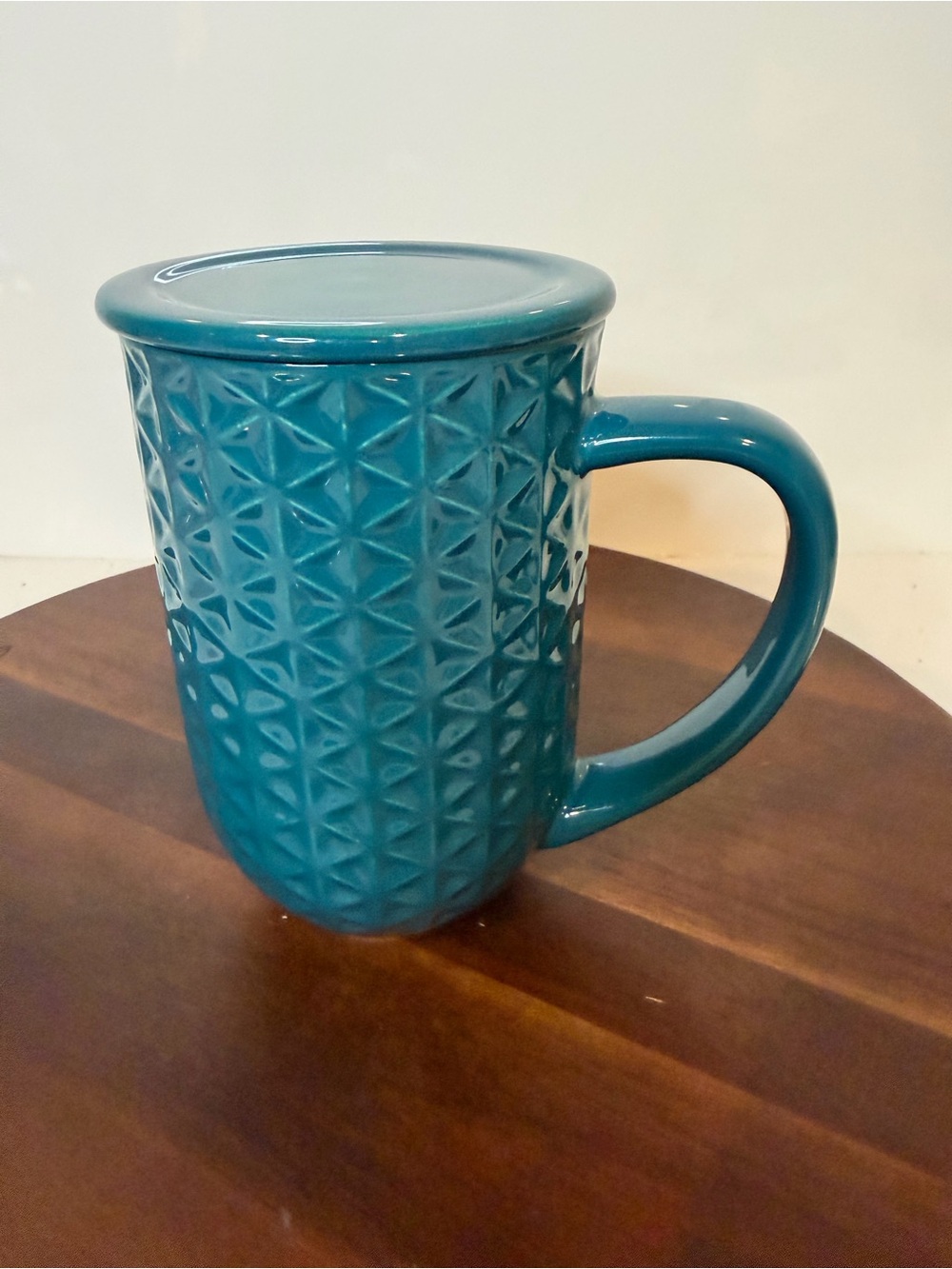 DAVIDsTEA Teal Blue Embossed Geometric Ceramic Nordic Mug Lid 16oz
